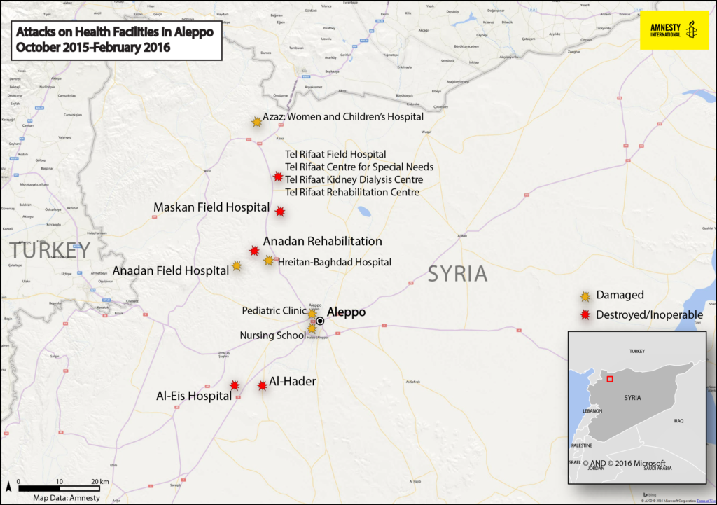 مواقع الضربات الجوية الأخيرة التي استهدفت المنشآت الصحية داخل حلب، تشرين الأول/أكتوبر 2015- شباط/فبراير 2016. © Map produced by Amnesty International. Basemap via Bing.