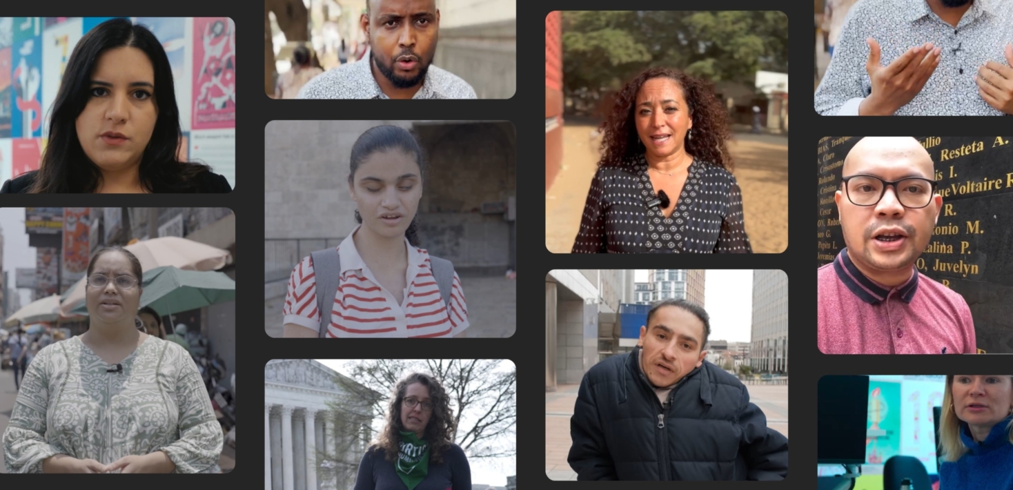 Collage of Amnesty researchers in different scenes and settings.