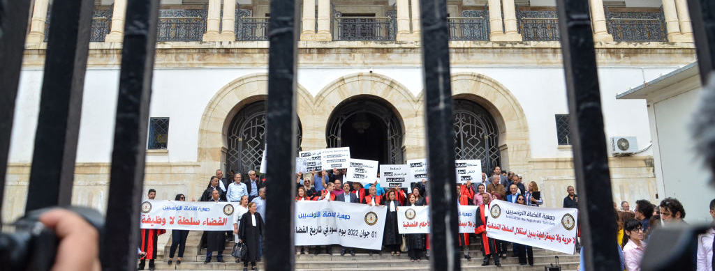 Judges gather in front of the Palace of Justice building to protest the dismissal of 57 judges with the controversial judicial decree of Tunisian President Kais Saied in Tunis, Tunisia.