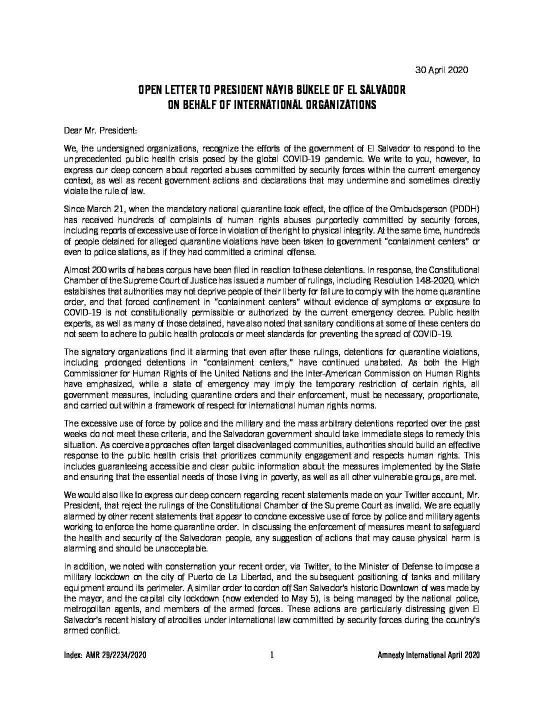 El Salvador Open letter to President Nayib Bukele regarding