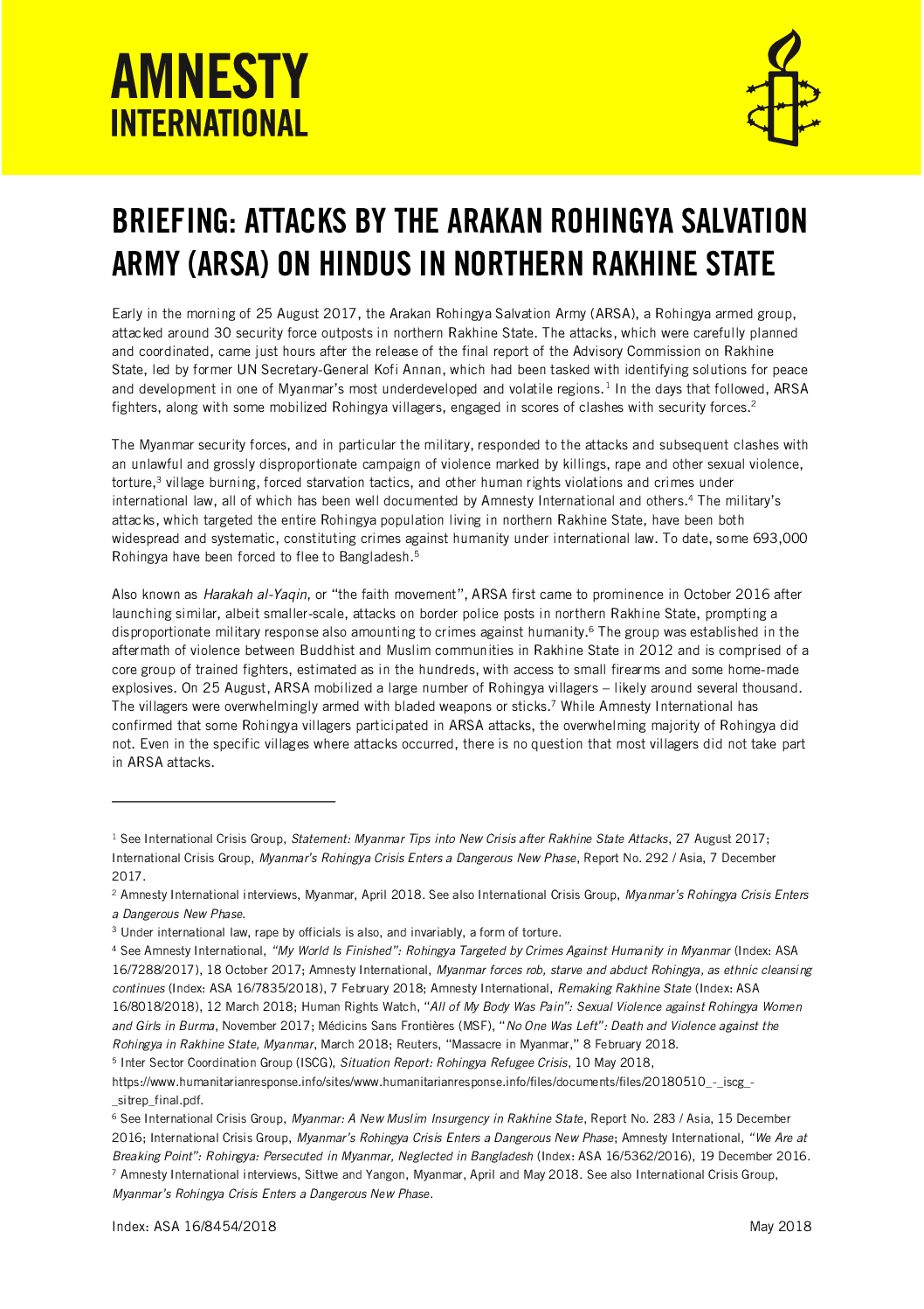 Myanmar Attacks by the Arakan Rohingya Salvation Army on Hindus