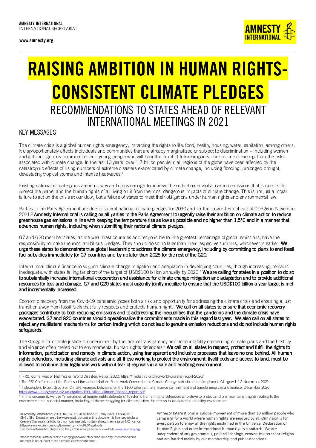 Raising ambition in human rights-consistent climate pledges:  recommendations to states ahead of relevant international meetings in 2021  - Amnesty International