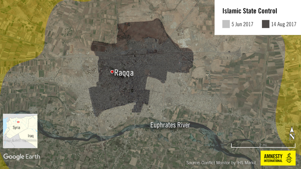 Map showing the extent of areas in Raqqa recaptured from IS since June 2017. © Amnesty International/Source: Conflict Monitor by IHS Markit