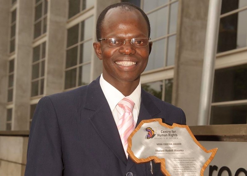 Thulani Maseko in 2011, with the Vera Chirwa Prize, recognising his contribution to protecting human rights in Africa. Credit: Centre for Human Rights, University of Pretoria