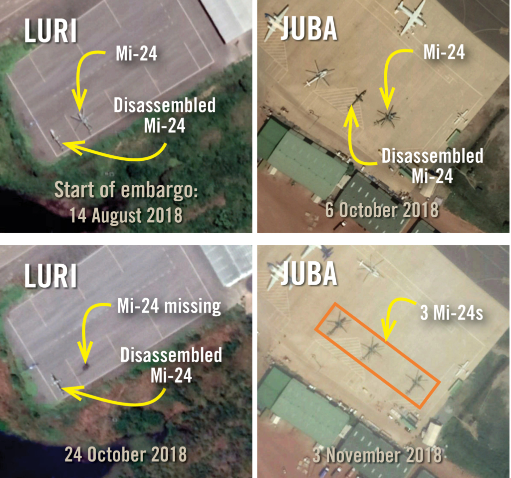 Series of satellite images analysed by Amnesty International, which show the maintenance of a fleet of broken-down Mi24 attack helicopters in violation of a UN arms embargo imposed in July 2018. The images show helicopters stationed at a government security base in Luri as well as on a ramp at Juba International Airport. Luri coordinates: 4.8520°, 31.3951°, Juba coordinates: 4.8647°, 31.6051°, Images: Google Earth © 2020 Maxar Technologies