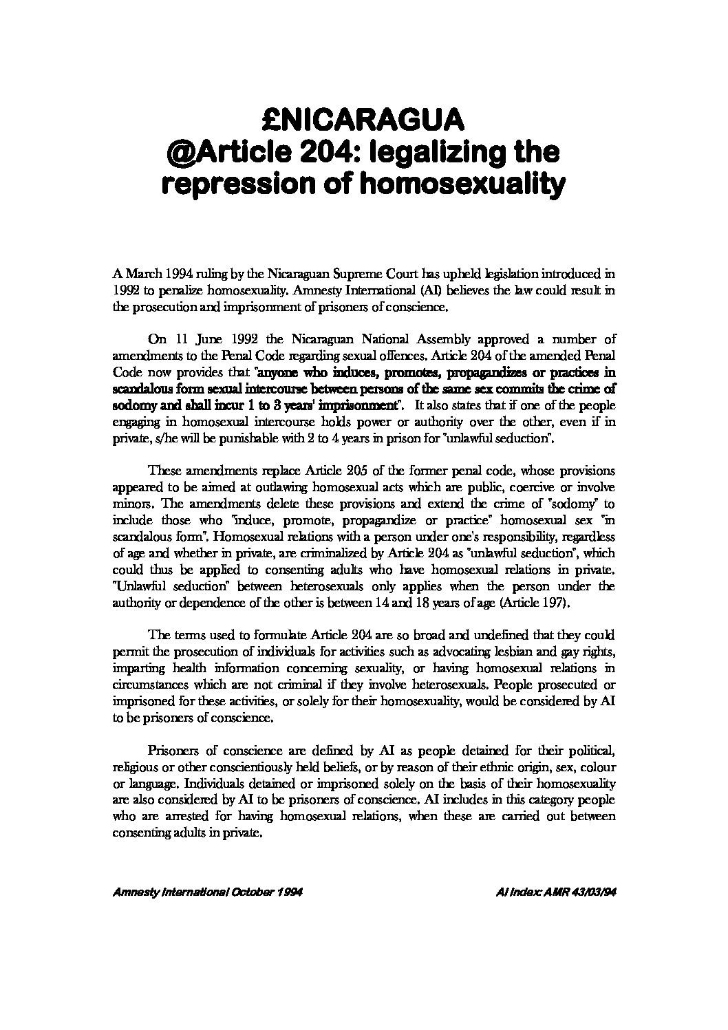 Nicaragua: Article 204: legalizing the repression of homosexuality -  Amnesty International