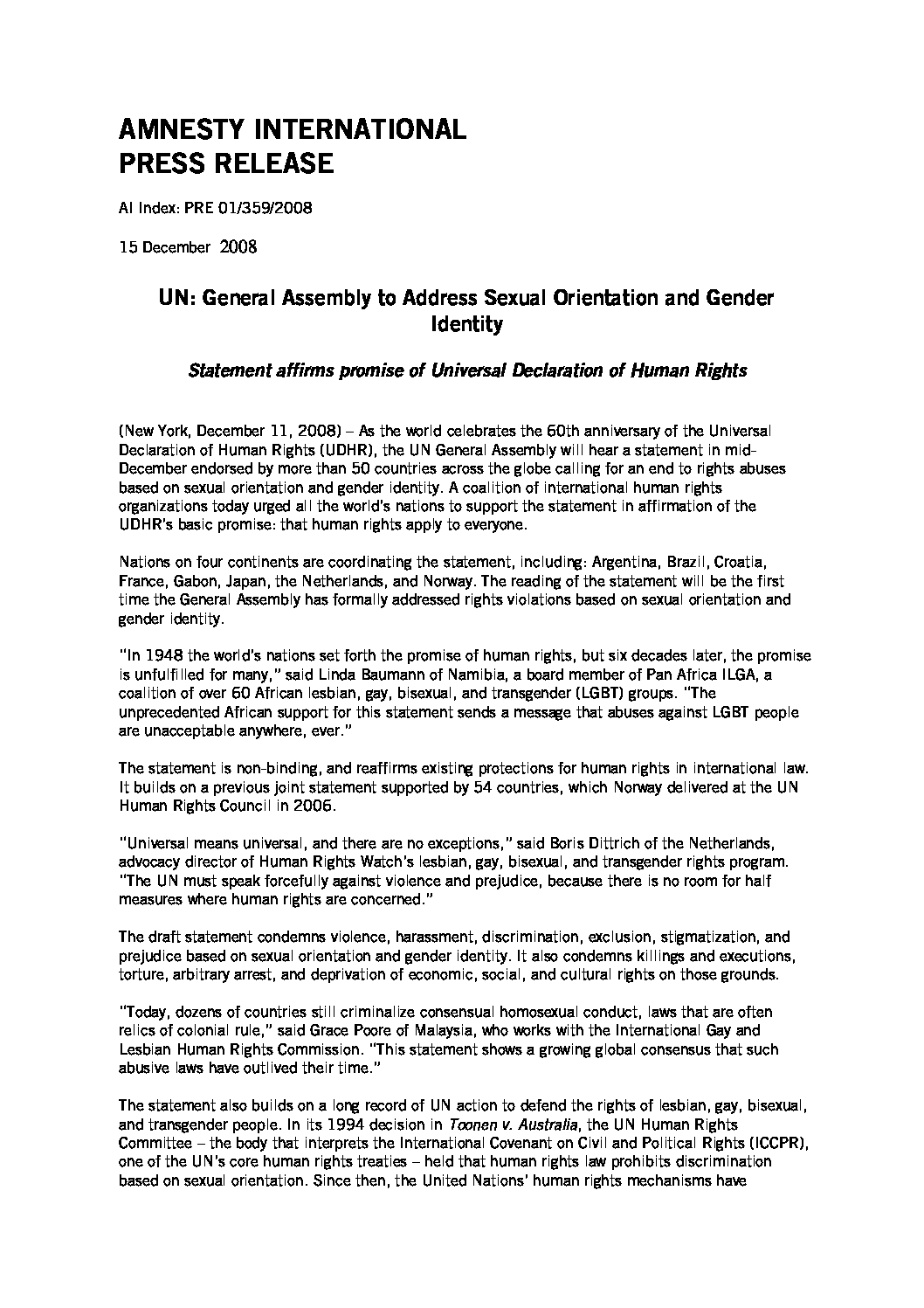 UN General Assembly to address sexual orientation and gender identity:  Statement affirms promise of Universal Declaration of Human Rights -  Amnesty International