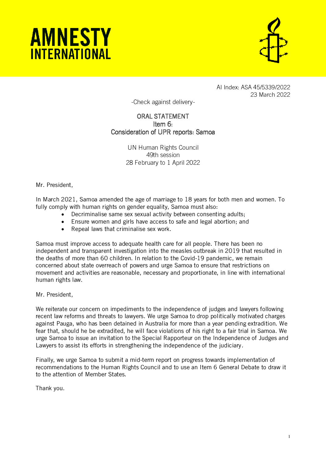 Samoa: Oral statement at HRC 49: Item 6 Consideration of UPR reports: Samoa  - Amnesty International