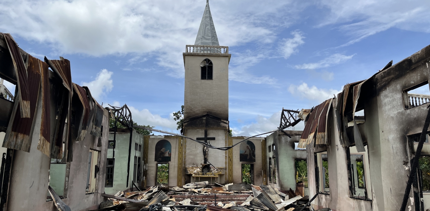 The charred remains of St Matthew's church in Daw Ngay Ku village, Kayah