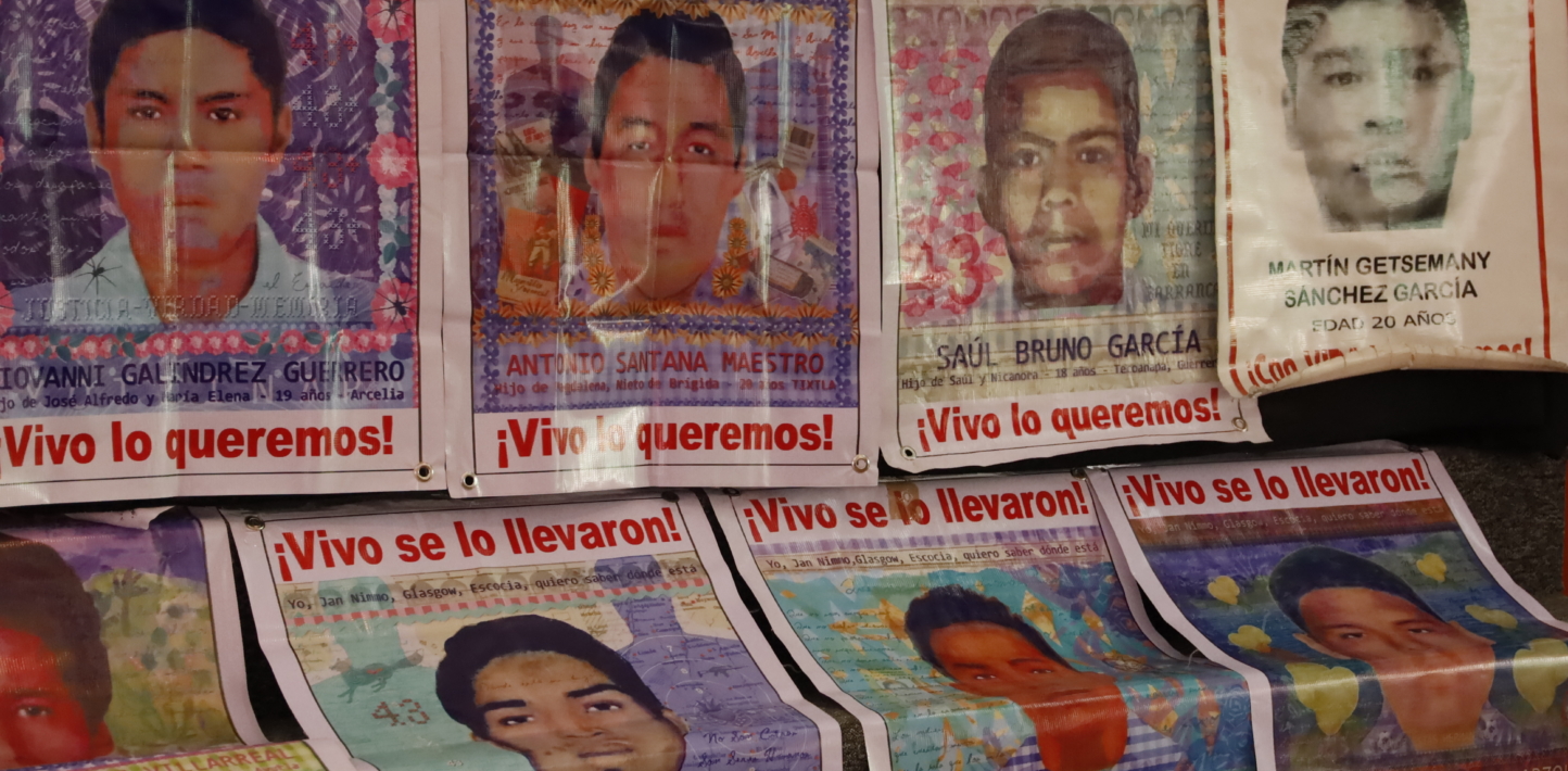 MEXICO CITY, MEXICO - MARCH 29, 2022: Relatives of the students of the Rural Normal School of Ayotzinapa who disappeared in 2014 give a message to the media about the third report of the Interdisciplinary Group of Independent Experts (GIEI) at the Miguel Agustín Pro Human Rights Center. On March 29, 2022 in Mexico City, Mexico. (Photo credit should read Luis Barron / Eyepix Group/Future Publishing via Getty Images)