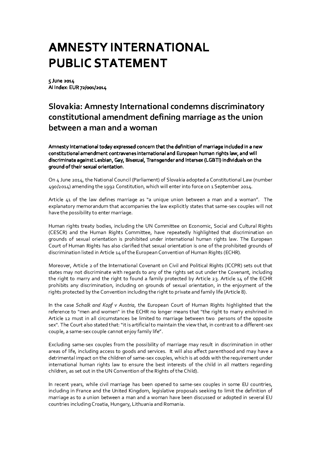 Slovakia: The constitutional amendment defining marriage as the union  between a man and a woman is discriminatory - Amnesty International