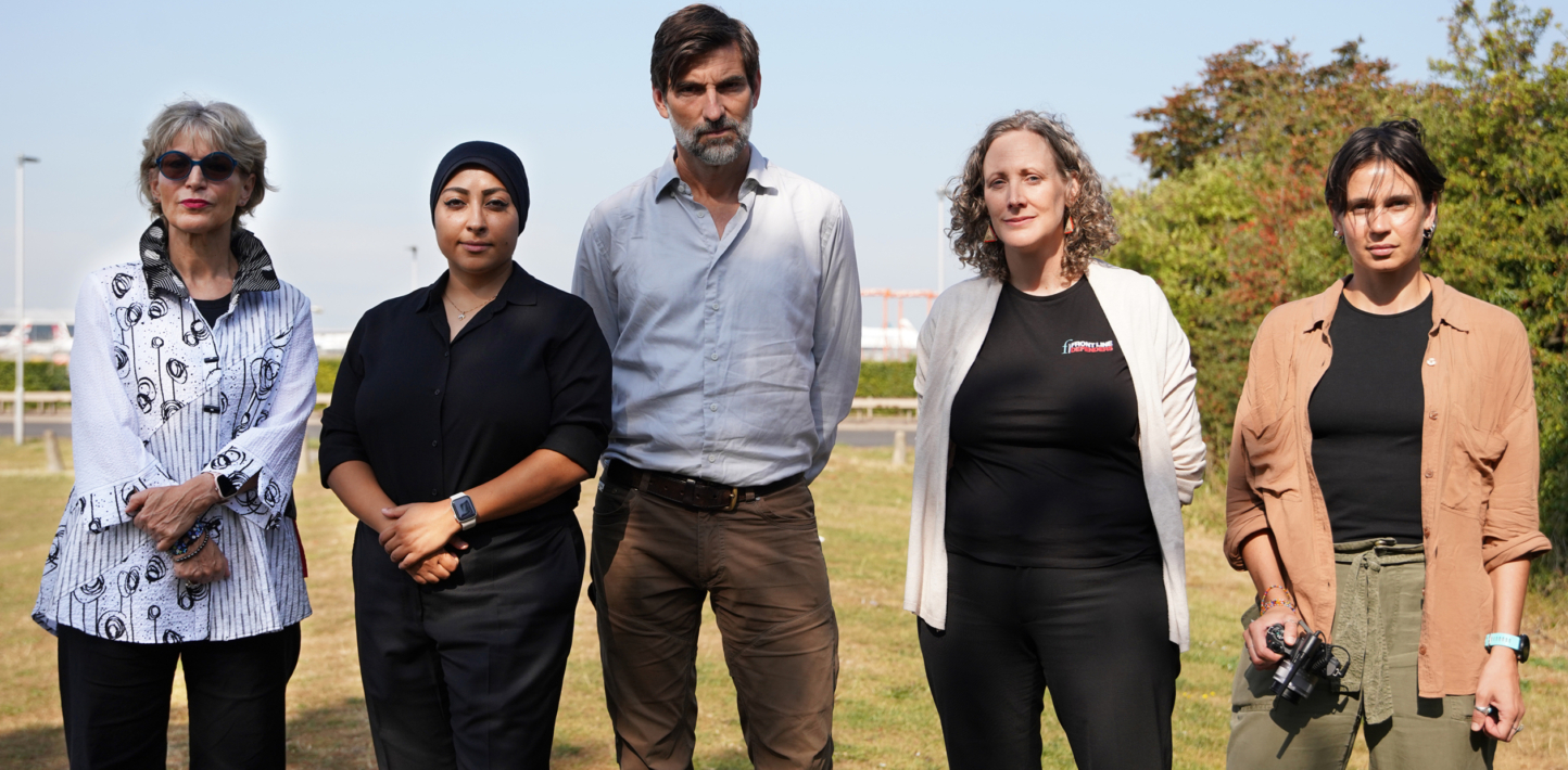 Agnés Callamard, Secretary-General of Amnesty International (right), Maryam al-Khawaja (second from right) with members of the delegation who were denied boarding a BA flight to Bahrain.