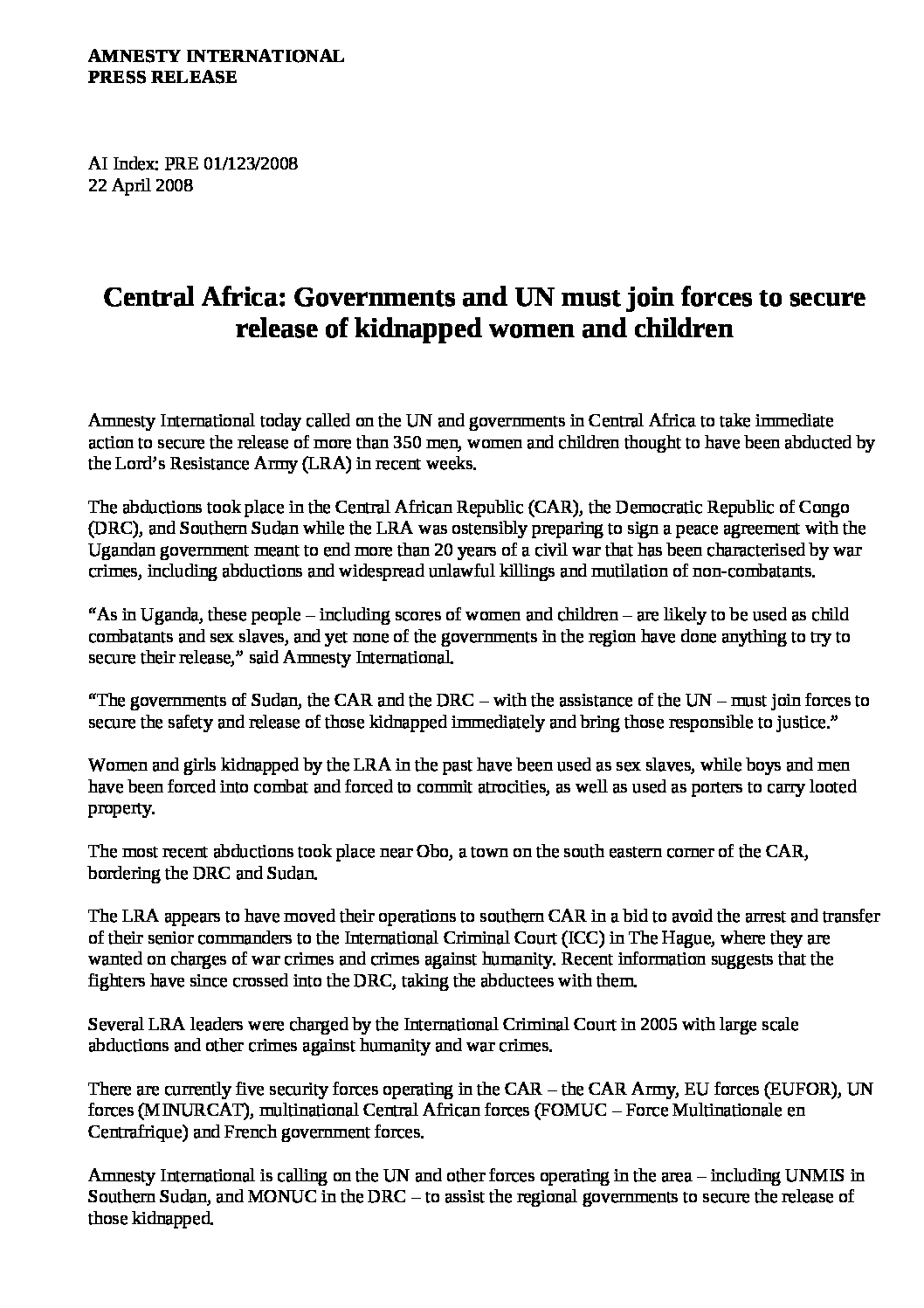 Central Africa: Governments and UN must join forces to secure release of  kidnapped women and children - Amnesty International