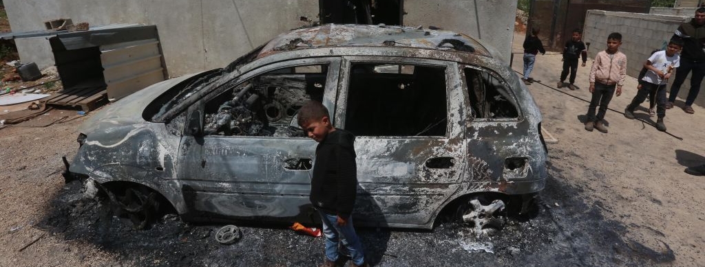 A view of heavily damaged car as Jewish settlers reportedly set fire to Palestinian homes and vehicles in Qusra town in Nablus, West Bank on April 14, 2024.