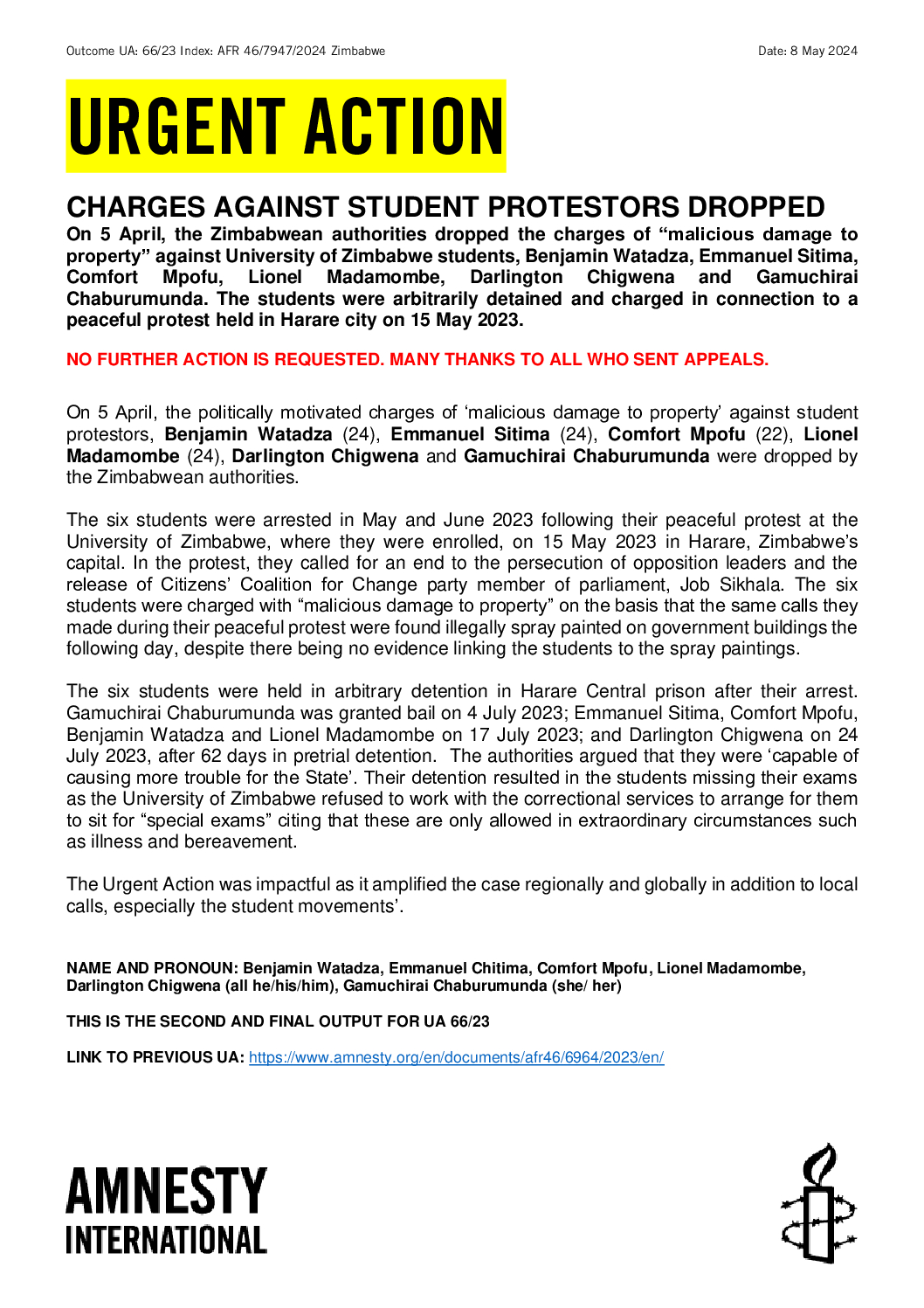 Zimbabwe Further information Charges against student protestors