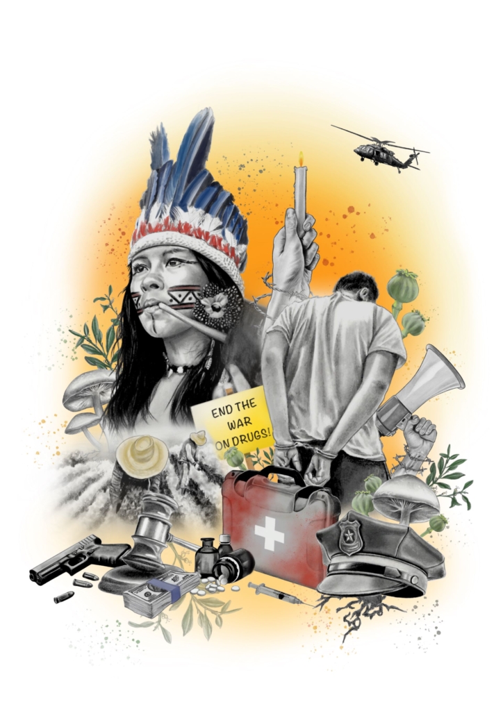 Illustration showing a collage of images of an indigenous person, farmers, someone in handcuffs, a megaphone, a hand holding a candle, drugs, a gun and money, a first aid kit and a police hat. 