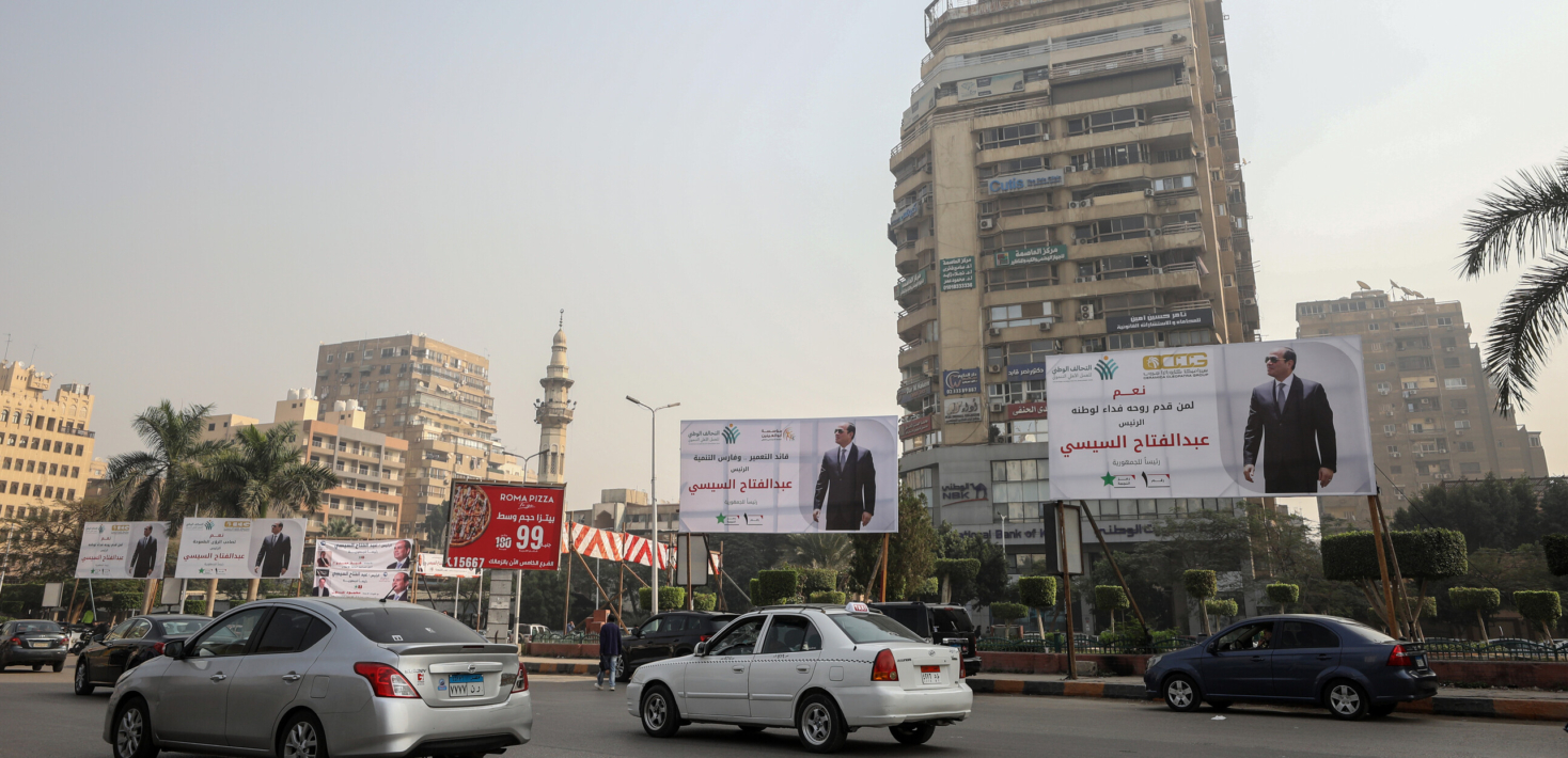 Posters and banners of candidates are seen on the billboards in streets ahead of the presidential elections to be held on 10th December in Cairo, Egypt on December 04, 2023.