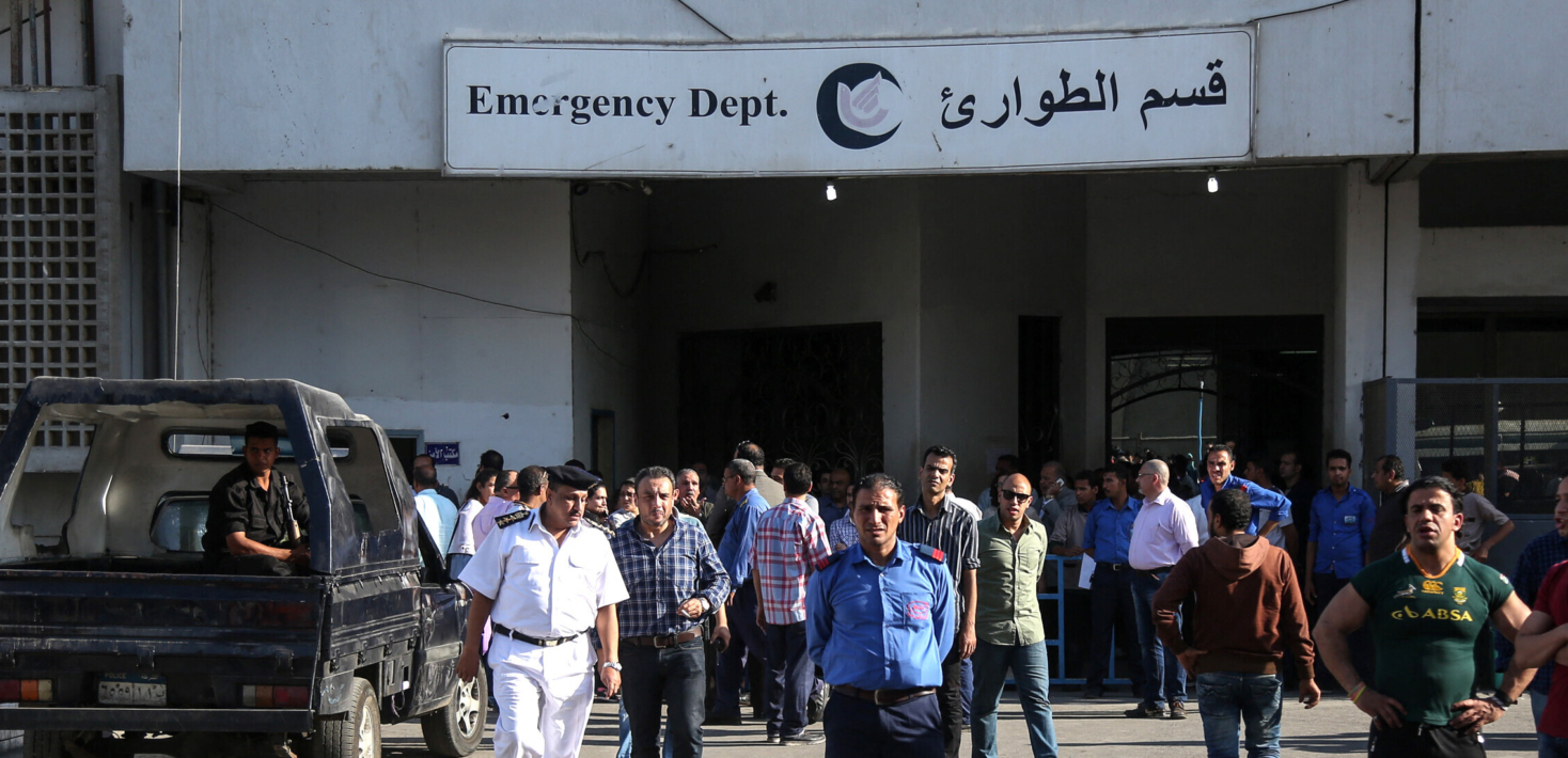 Egyptian gather outside a hospital in Cairo's northern suburb of Shubra on May 26, 2017, following an attack on a Coptic monastery