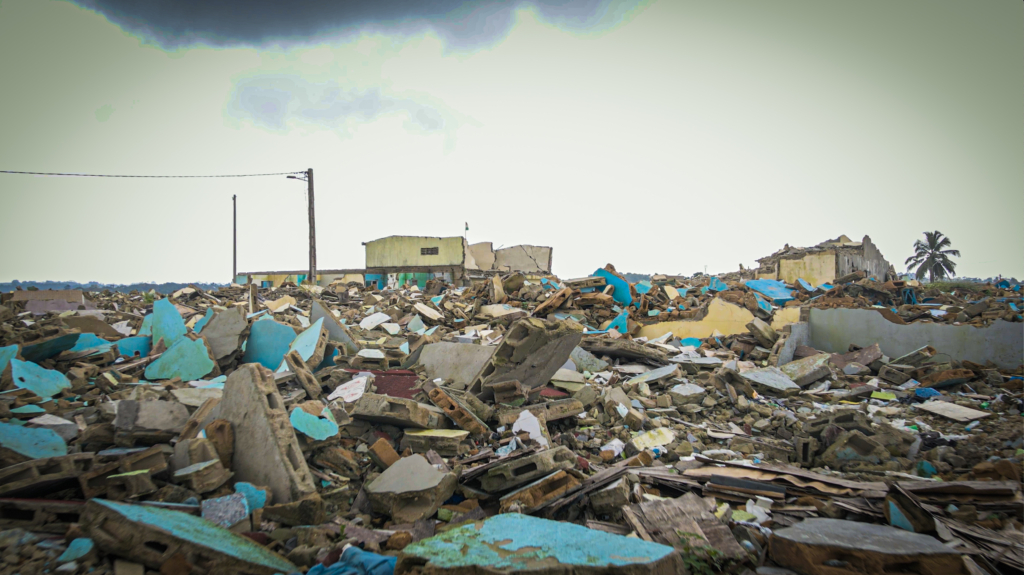 Views of destroyed neighbourhoods after forced evictions in Abidjan, in June 2024