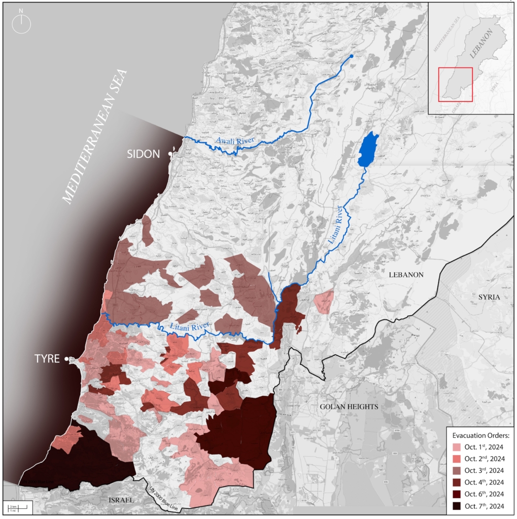 A map showing the towns and villages impacted by evacuation warnings across southern Lebanon