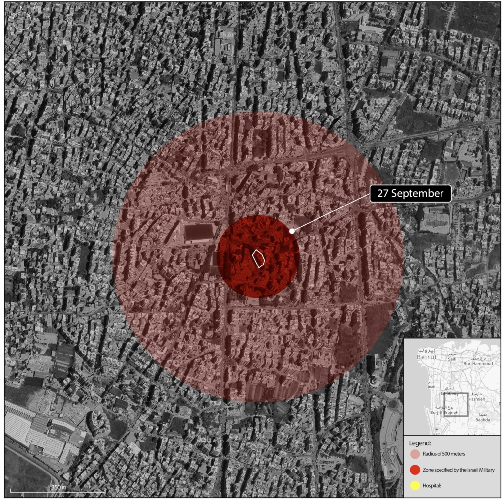 Satellite imagery shows the al-Laylaki neighborhood, in southern Beirut. The red circle shows the area highlighted by the Israeli military on the map published on social media. The wider area shows the full 500 metre radius impacted by the evacuation