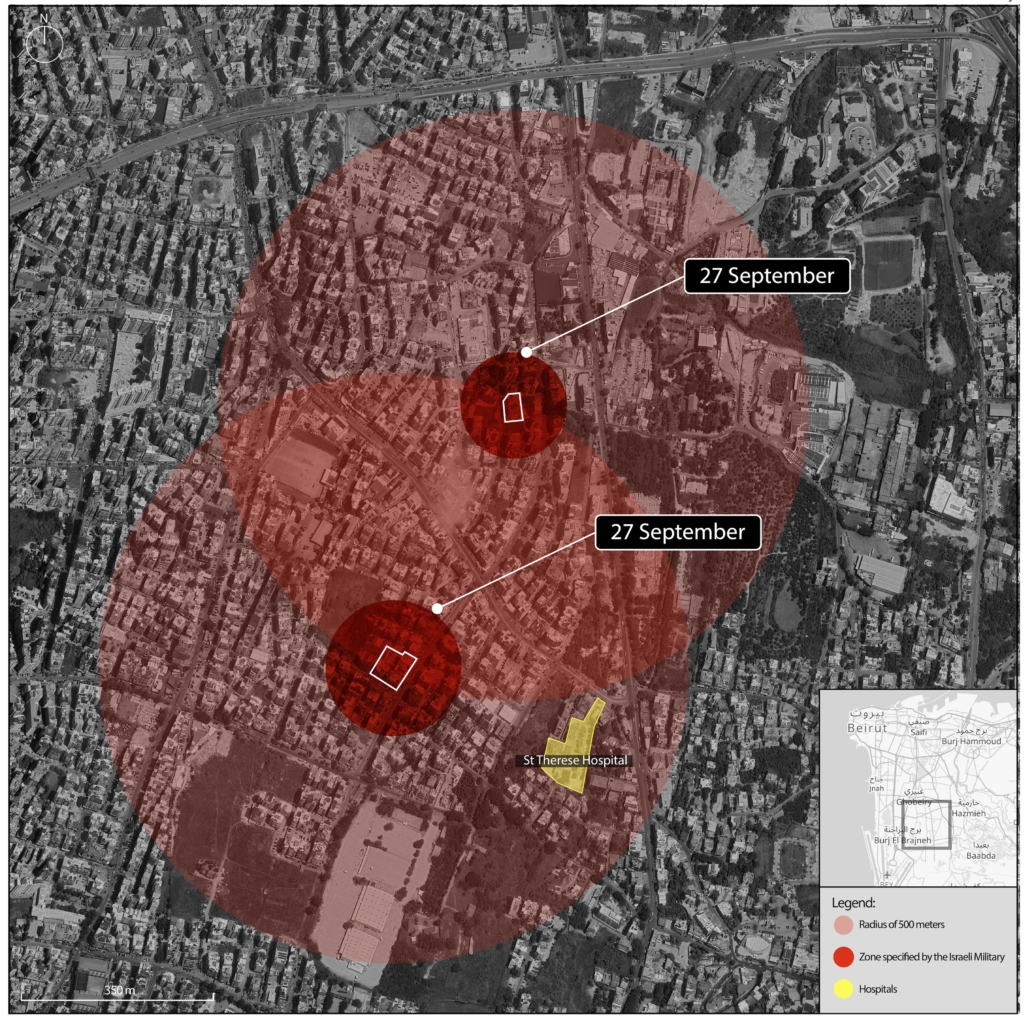 Satellite imagery shows the al-Hadath neighbourhood, in southern Beirut. The red circles show the area highlighted in the map published by the Israeli military on social media. The wider circles show the area impacted by the evacuation warning. By Ahmad Baydoun. Map: Israeli military