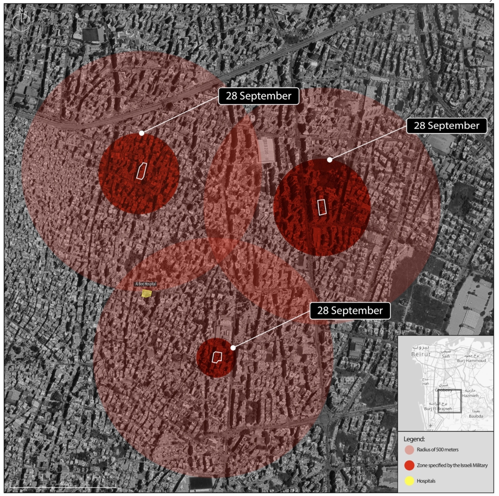 Satellite imagery shows Burj al-Barajneh and al-Hadath, in Beirut’s southern suburbs. The red circles show the area highlighted in the map published by the Israeli military on social media. The wider circles show the actual area impacted by the evacuation warning. By Ahmad Baydoun. Credit: Google Earth