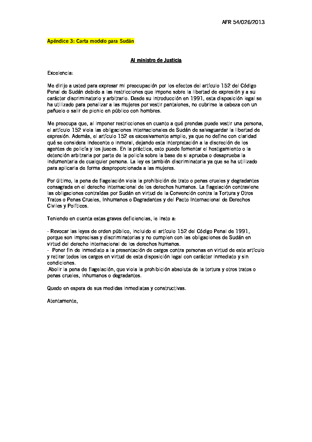 Sudán: Apéndice 3: Carta modelo al ministro de Justicia: 16 días de  activismo contra la violencia de género - Amnistía Internacional