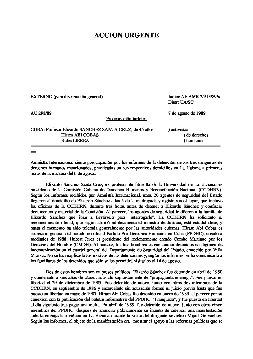 UA 298 89 Cuba Legal concern Professor Elizardo Sanchez Santa