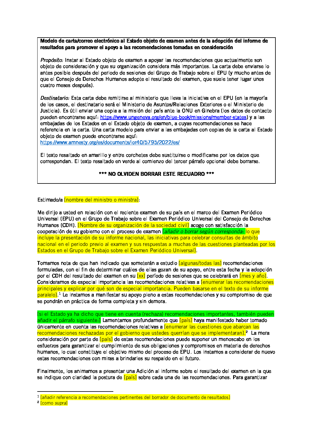 Modelo de carta/correo electrónico al Estado objeto de examen antes de la  adopción del informe de resultados para promover el apoyo a las  recomendaciones tomadas en consideración - Amnistía Internacional