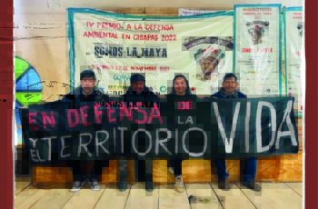 Activistas y personas defensoras de la Colonia Maya, sostienen una manta con la consigna En Defensa de la vida y el territorio"