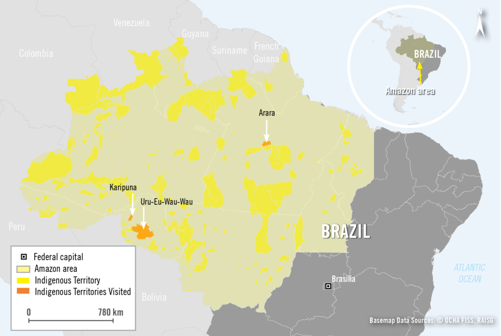 Amnesty International a visité cinq territoires et réserves indigènes dans la région amazonienne du Brésil.  Sources de la carte : © OCHA FISS, RAISG